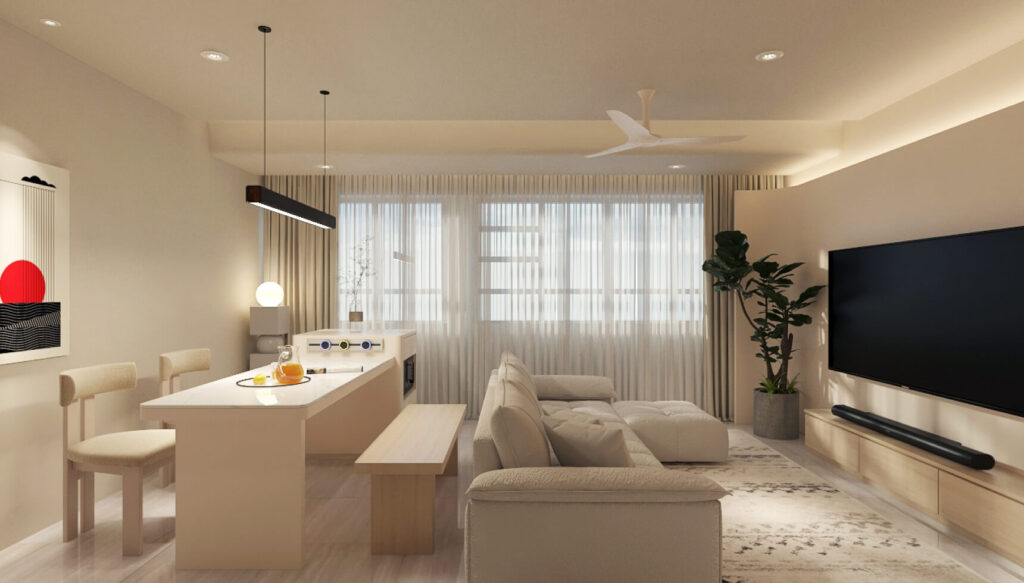 open concept layout in a 4-room HDB BTO living room